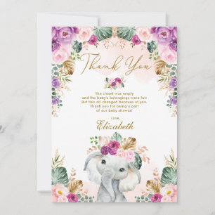 Carte De Remerciements Boho Elephant Blush rose violet Baby shower Floral