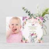 Carte De Remerciements Boho Elephant Girl rose violet fleuri Anniversaire (Debout devant)