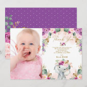 Carte De Remerciements Boho Elephant Girl rose violet fleuri Anniversaire (Devant / Derrière)