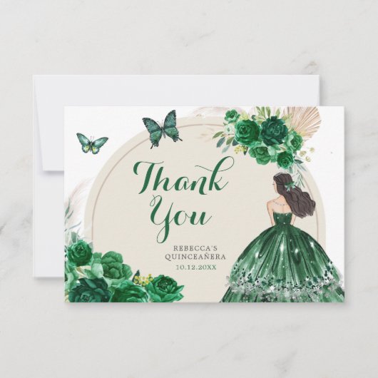 Carte De Remerciements Boho Emerald Green Princess Quinceañera (Devant)