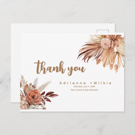 Carte de remerciements Boho et Pampas modifiable. (Devant / Derrière)