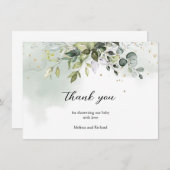 Carte De Remerciements Boho Eucalyptus verdure branches baby shower or (Devant / Derrière)