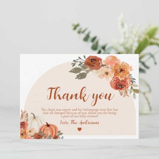 Carte De Remerciements Boho Fall Little Citrouille Automne Baby shower Fl (Debout devant)