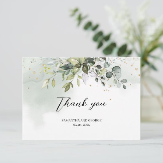 Carte De Remerciements Boho feuillage vert eucalyptus or feuille (Debout devant)