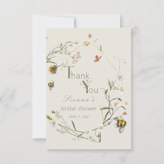 Carte De Remerciements Boho Fleur de champ Abeille Beige Fête de mariage (Devant)