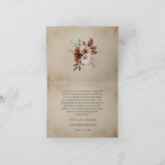 Carte De Remerciements Boho Fleurs Automnales Délicates Mariage Amoureux (Intérieur)