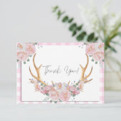 Carte De Remerciements BOHO Floral Antlers En vichy rose (Debout devant)