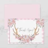 Carte De Remerciements BOHO Floral Antlers En vichy rose (Devant / Derrière)