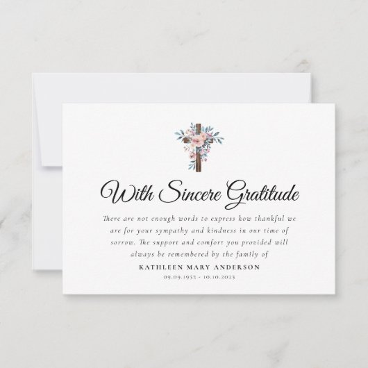Carte De Remerciements Boho Floral Croix Script Funérailles (Devant)