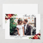 Carte De Remerciements Boho floral de Bourgogne Mariage Photo (Devant / Derrière)