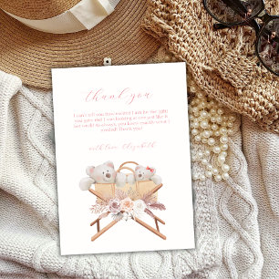 Carte De Remerciements Boho Floral Ours Bassinet Baby shower fille