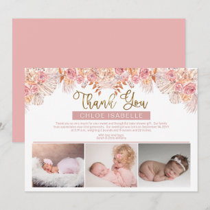 Carte De Remerciements Boho Girl 3 Photo Pampas Grass Floral Rose