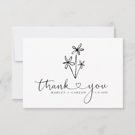 Carte De Remerciements Boho Hand Drawn Floral Script Heart Wedding (Devant)