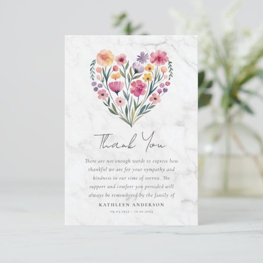 Carte De Remerciements Boho Heart Floral Sympathy Funérailles (Debout devant)