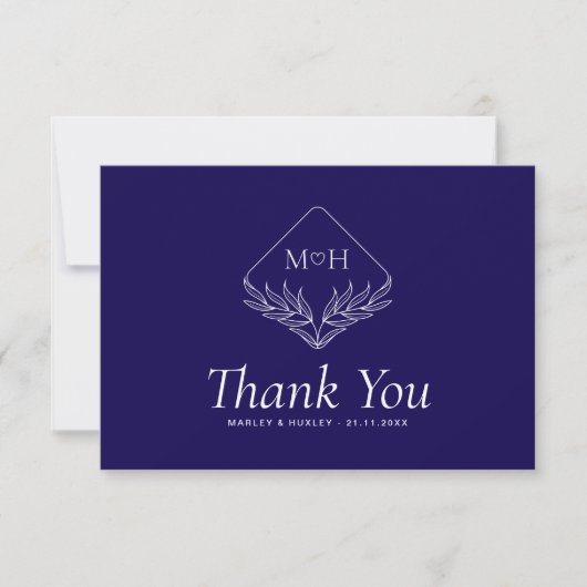 Carte De Remerciements Boho Leaf Monogramme Simple Mariage bleu et blanc (Devant)