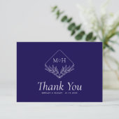 Carte De Remerciements Boho Leaf Monogramme Simple Mariage bleu et blanc (Debout devant)