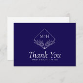 Carte De Remerciements Boho Leaf Monogramme Simple Mariage bleu et blanc (Devant / Derrière)