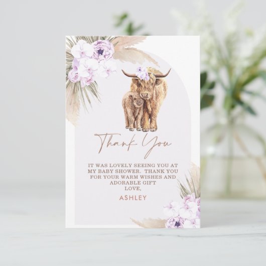 Carte De Remerciements Boho Lilac Arc Floral Highland Vache Baby shower (Debout devant)