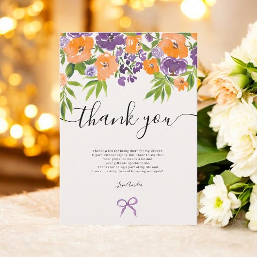 Carte De Remerciements Boho Mariage Fleurs Aquarelle Violet Orange Fête d