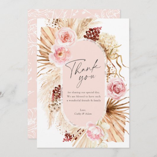 Carte De Remerciements Boho moderne Pampas Aquarelle en laiton Mariage Fl (Devant / Derrière)