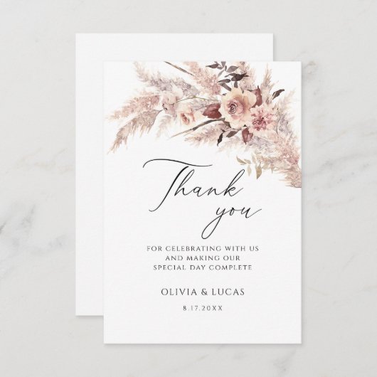 Carte De Remerciements Boho Pampas Grass Fleurs sèches Mariage de crème f (Devant / Derrière)