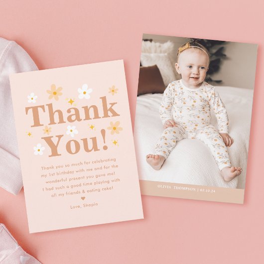 Carte De Remerciements Boho Photo Rose Daisy Anniversaire