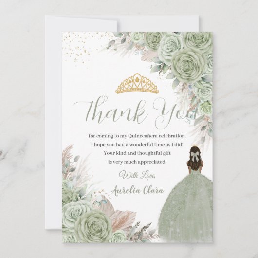 Carte De Remerciements Boho Quinceanera Sage Vert Floral Pampas Grass (Devant)