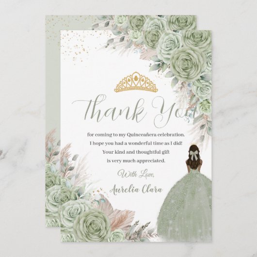 Carte De Remerciements Boho Quinceanera Sage Vert Floral Pampas Grass (Devant / Derrière)