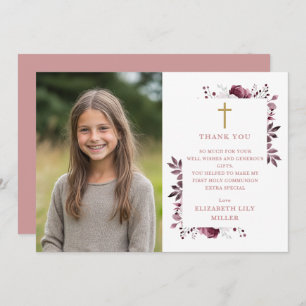 Carte De Remerciements Boho rose Floral Photo Première communion sainte