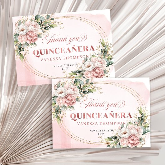 Carte De Remerciements Boho Rose Gold Blush Floral Greenery Mis Quince