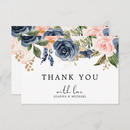 Carte De Remerciements Boho Rose rose bleu marine (Devant / Derrière)