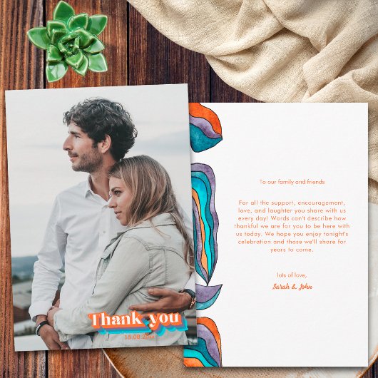 Carte De Remerciements Boho Super Retro Bleu Orange Typographie Wavy Line