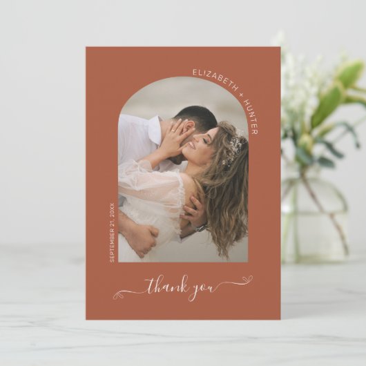Carte De Remerciements Boho Terracotta Arch Cadre Script Mariage Photo (Debout devant)