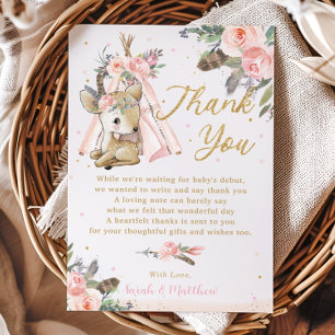 Carte De Remerciements Boho Tribal Blush Floral Woodland Deer Baby shower