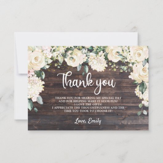 Carte De Remerciements Boho verdure bois rustique blanc fleurs roses (Devant)
