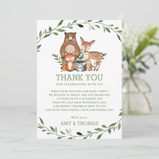 Carte De Remerciements Bois Animaux Forêt Verdure Baby shower Chic (Debout devant)