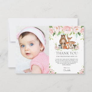 Carte De Remerciements Bois Animaux Rose Blush Floral 1er anniversaire