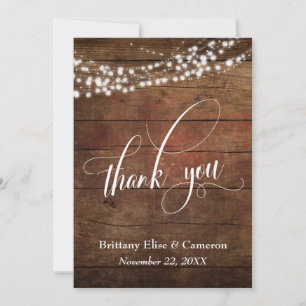 Carte De Remerciements Bois Brun Rustique avec Cordes Lumineuses Blanches