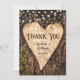 Carte De Remerciements Bois écorce Chaîne Lumières Coeur Rustique Mariage