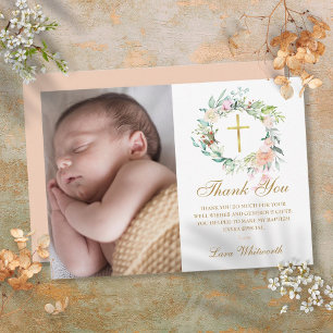 Carte De Remerciements Bois Floral Garland Baptême, Christening Photo