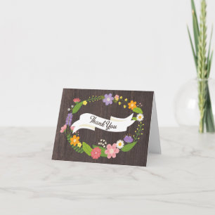Carte De Remerciements Bois rustique Bohème Floral Mariage Wreath