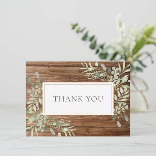Carte De Remerciements Bois Rustique Élégant Feuilles Douces Remerciement (Debout devant)