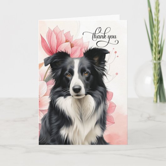 Carte De Remerciements Border Collie Dog Soft Pink Botanical Blooms (Devant)