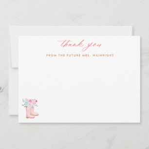 Carte De Remerciements Botte de pluie rose & Fleurs Script Futur Mme.