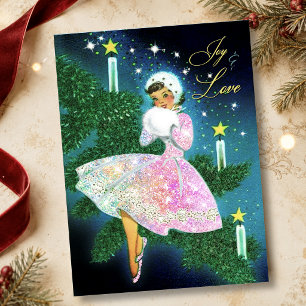 Carte De Remerciements Bougie de Noël vintage fille paillettes iridescent