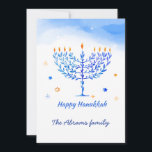 Carte De Remerciements Bougies Menorah Bleues et blanches avec souhaits H<br><div class="desc">Un élégant design bleu et blanc avec des bougies Menorah et un message Happy Hanoukka pour vos proches.</div>