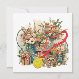 Carte De Remerciements Boule de tennis avec fleurs du joueur de tennis