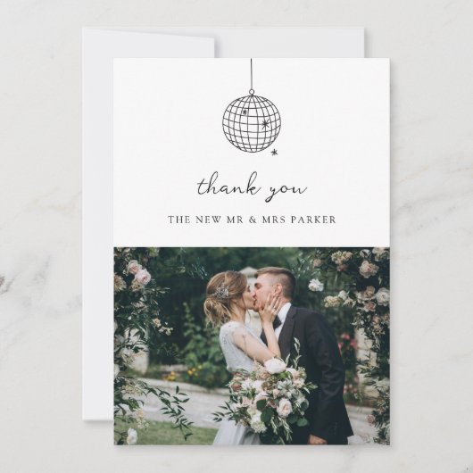 Carte De Remerciements Boule Disco Minimale | Photo Mariage noir et blanc (Devant)
