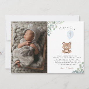Carte De Remerciements Boulon vert mignonne Ours en peluche Premier anniv