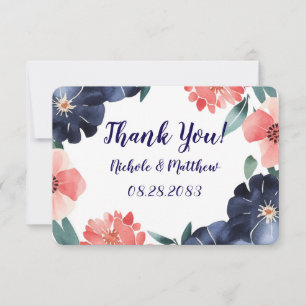 Carte De Remerciements Bouquet de peinture bleu et corail Mariage